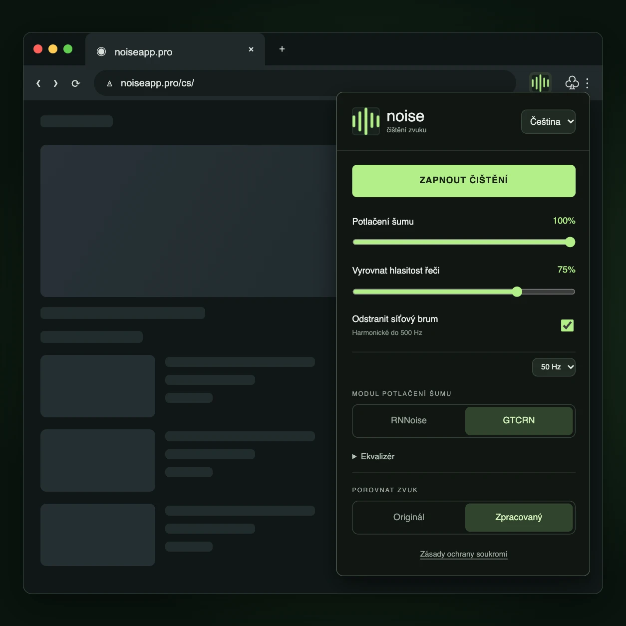 Vyskakovací okno rozšíření noise se otevřelo z panelu nástrojů Chrome