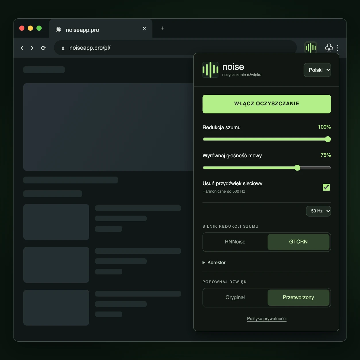 Wyskakujące okienko rozszerzenia noise otwiera się z paska narzędzi Chrome